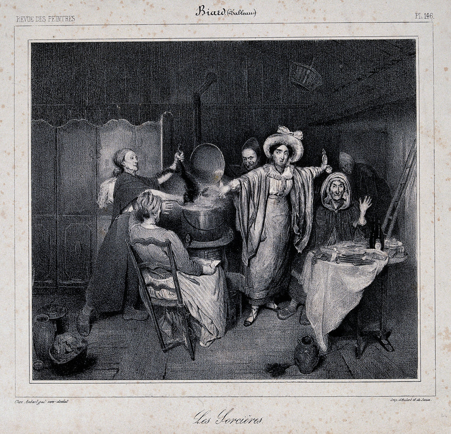 Witches Putting a Creature in a Boiling Cauldron | Esoteric Art Print shown to scale on a wall above a sofa