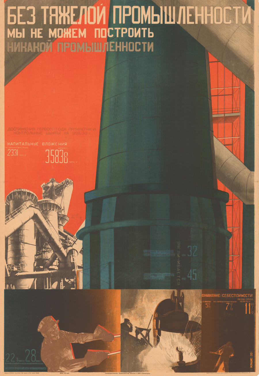 Gustav Klutsis — Without Heavy Industry We Cannot Build Any Industry | Soviet Constructivist Poster Print shown to scale on a wall above a sofa