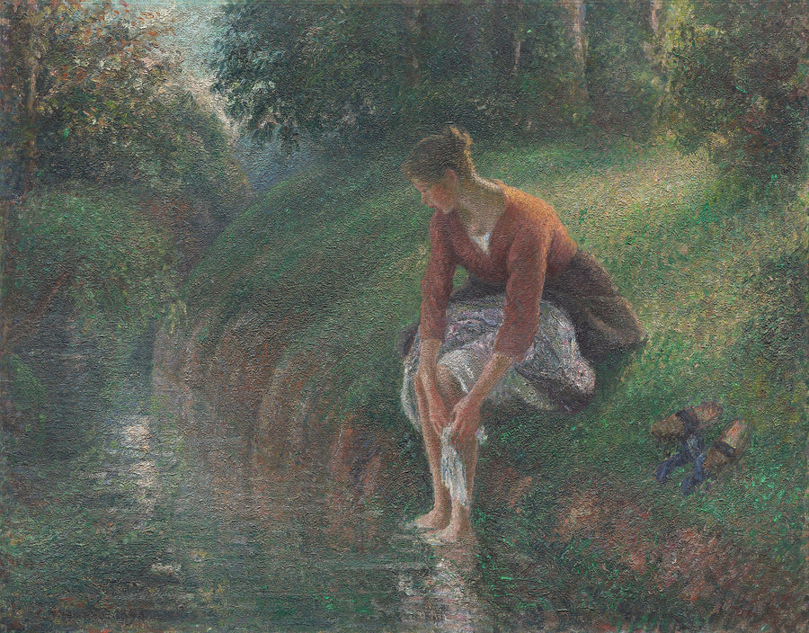 Camille Pissarro — Woman Bathing Her Feet in a Brook | Fine Art Print shown to scale on a wall above a sofa