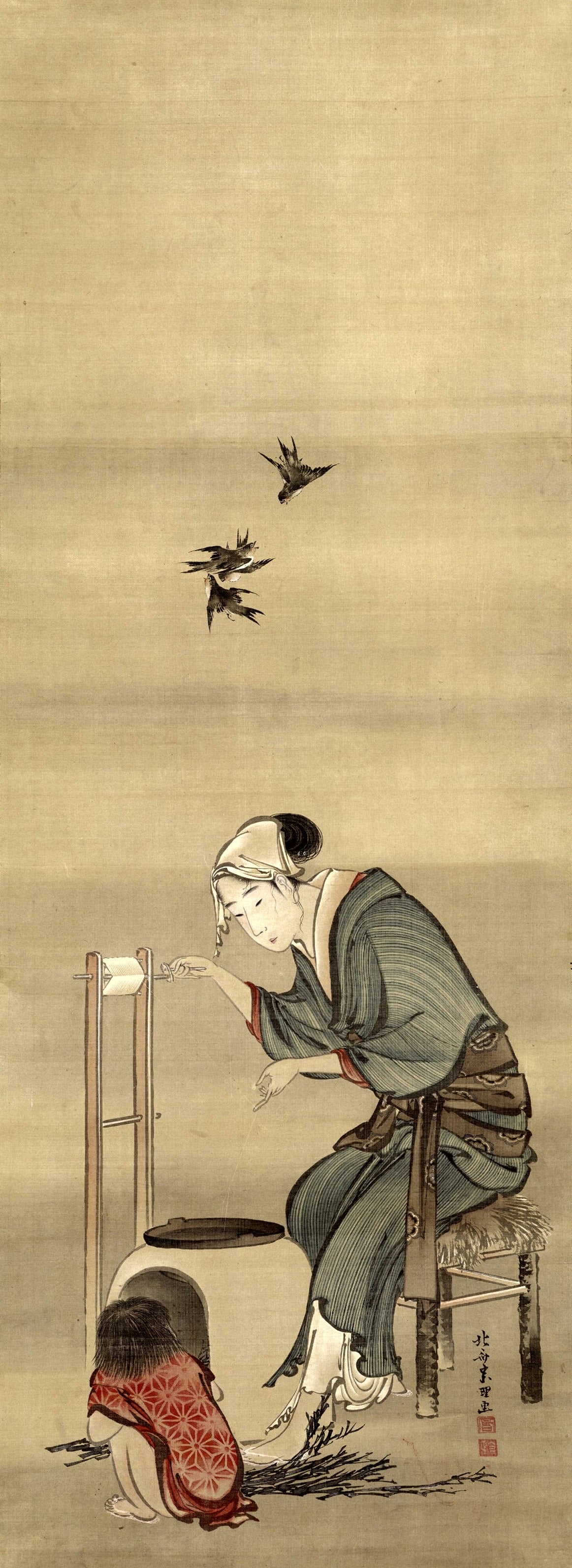 Woman Spinning Silk by Katsushika Hokusai — A woman reels silk as a child crouches by the stove and swallows fly