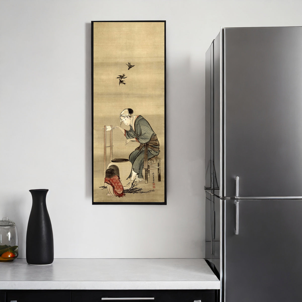 Framed art print of Woman Spinning Silk by Katsushika Hokusai, on a kitchen wall