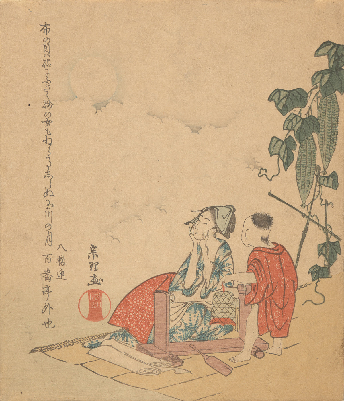 Woman and Boy with Melon Plant by Katsushika Hokusai — A woman rests her cheek in her hands beside a boy and a gourd vine