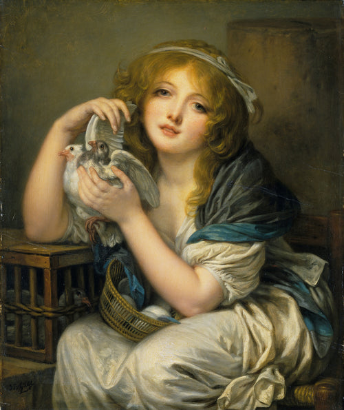 Woman with Doves by Jean-Baptiste Greuze — A woman with loose golden hair cradles a dove with spread wings