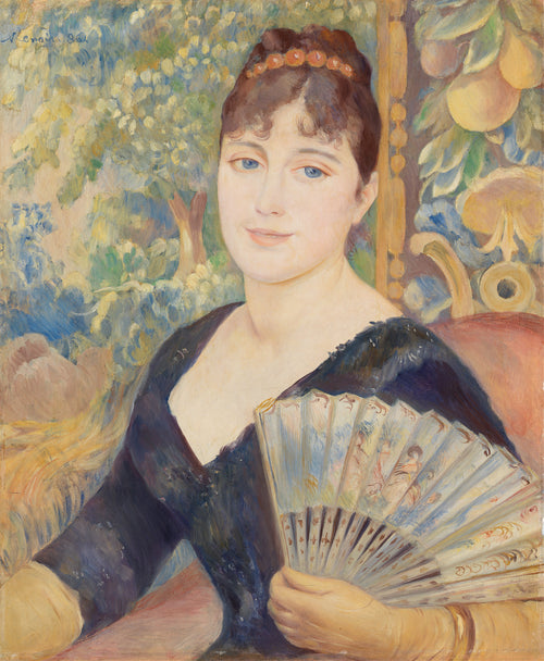 Woman with Fan by Pierre-Auguste Renoir — A blue-eyed woman in a dark gown holds open a painted fan