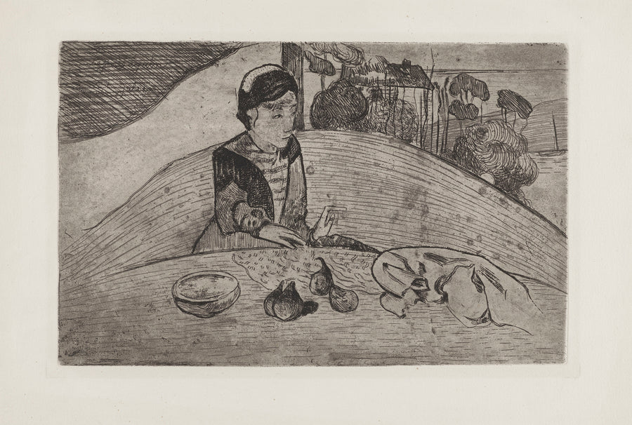 Paul Gauguin — Woman with Figs | Etching Print shown to scale on a wall above a sofa