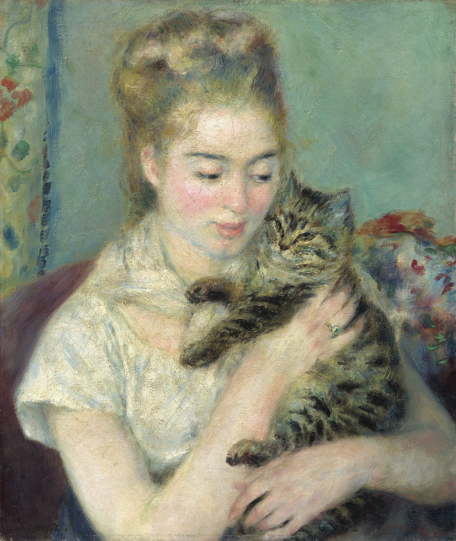 Pierre-Auguste Renoir — Woman with a Cat | Fine Art Print shown to scale on a wall above a sofa