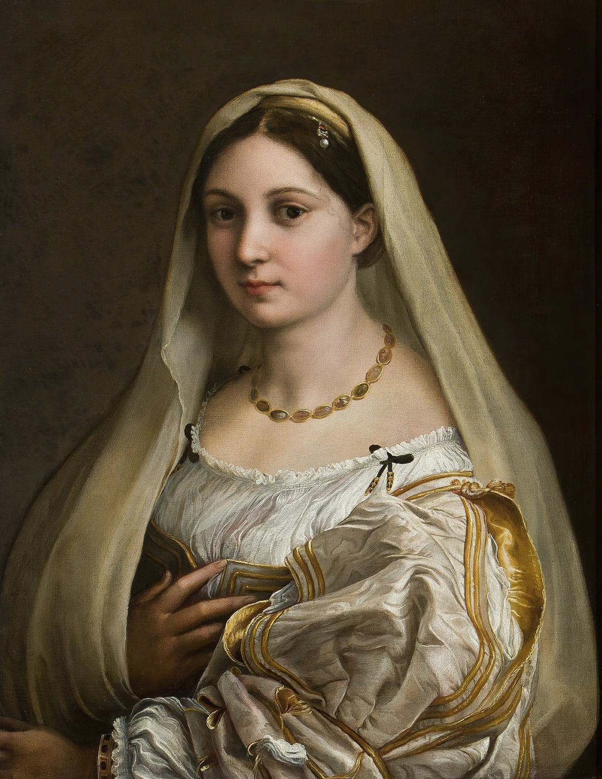 Woman with a Veil by Raphael — A veiled young woman with a hand on her chest