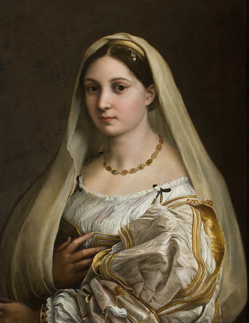 Woman with a Veil by Raphael — A veiled young woman with a hand on her chest