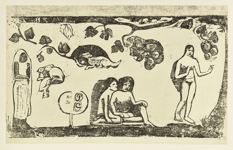 Paul Gauguin — Women, Animals and Foliage | Woodcut Print shown to scale on a wall above a sofa