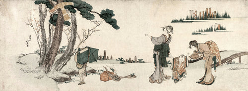 Women Distracting a Child whose Kite is caught in a Tree by Katsushika Hokusai — Women coax a laughing child while a man frees a kite from a pine