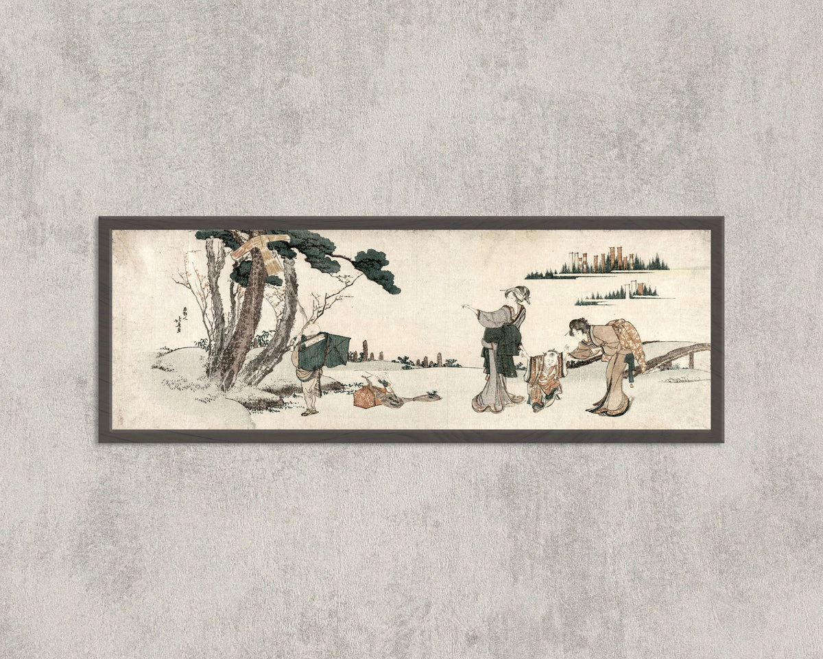 Framed art print of Women Distracting a Child whose Kite is caught in a Tree by Katsushika Hokusai, in a wide frame on a concrete wall