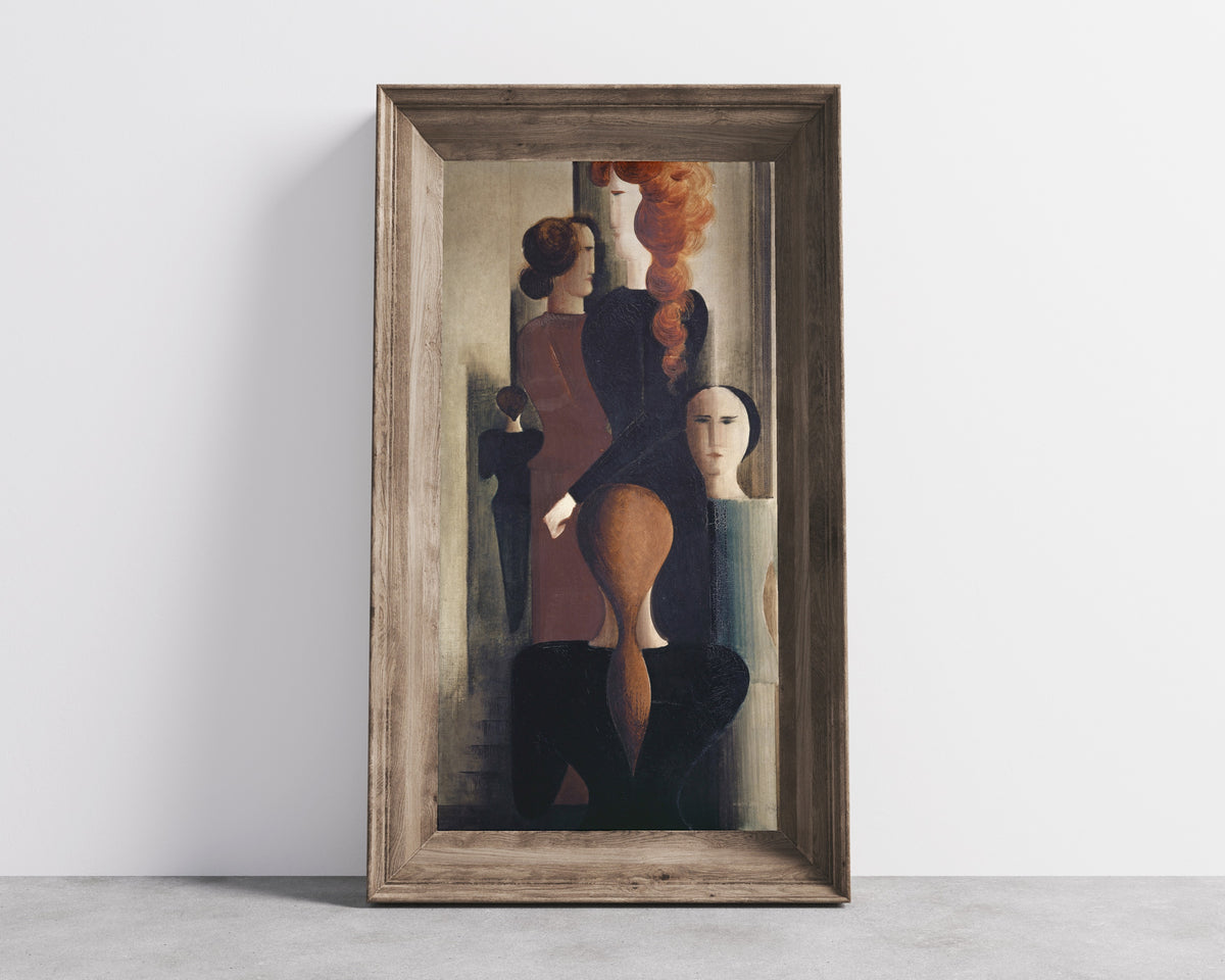 Framed art print of Women on Stairway by Oskar Schlemmer, in a wide wooden frame leaning against a concrete wall