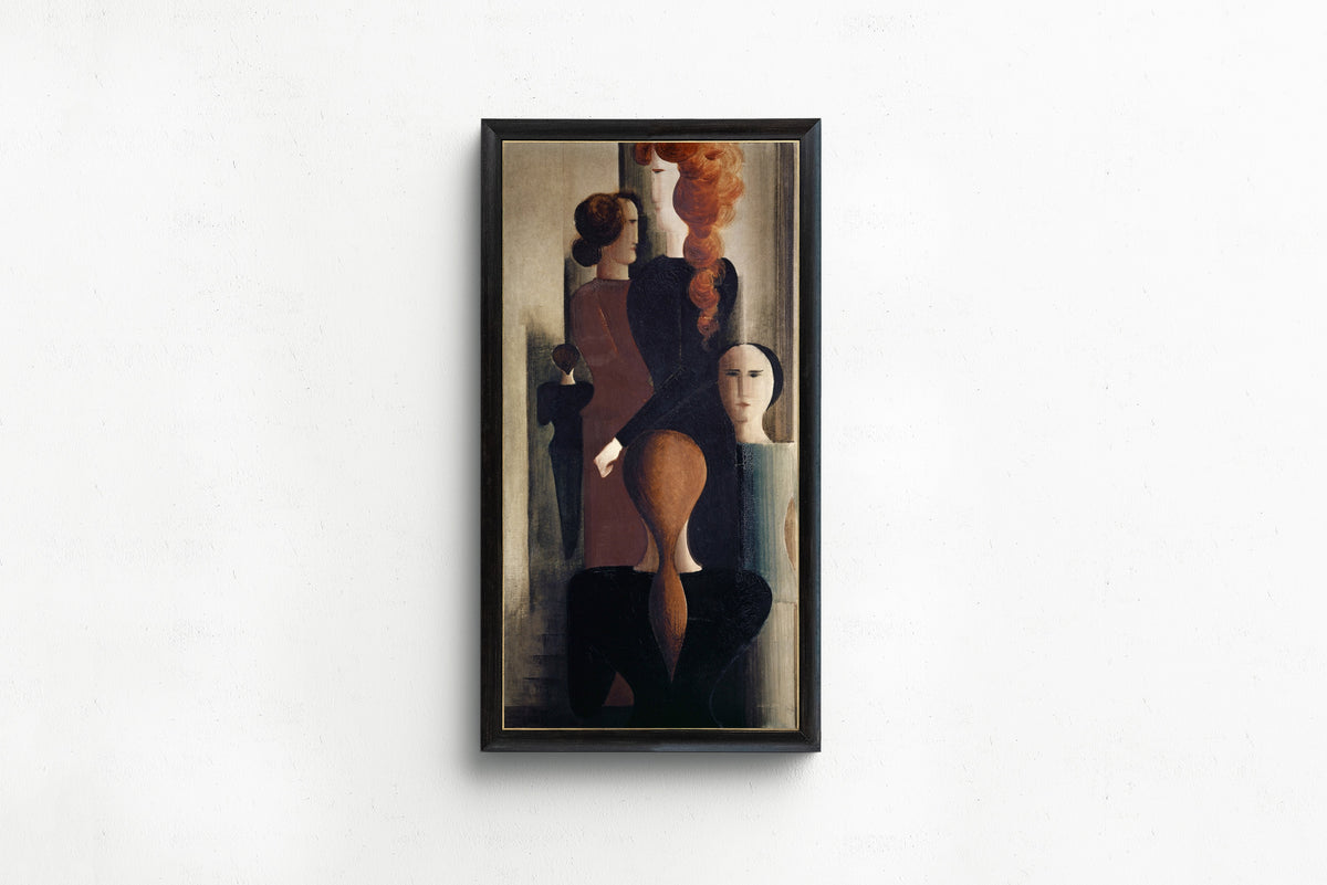 Framed art print of Women on Stairway by Oskar Schlemmer, in a slim black frame on a plain white wall