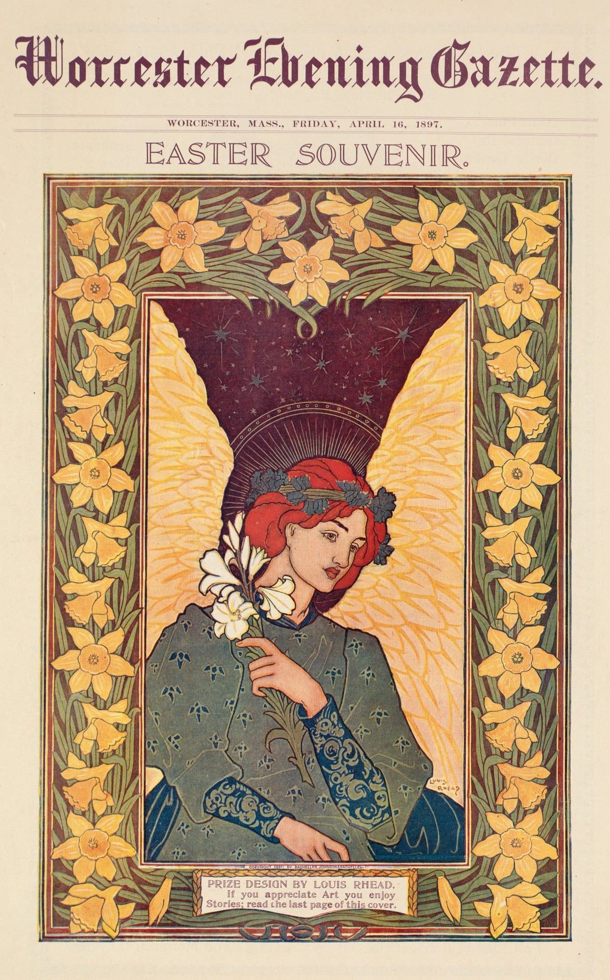 Worcester Evening Gazette, Easter Souvenir by Louis Rhead — A winged woman with white lilies stands in a frame of daffodils