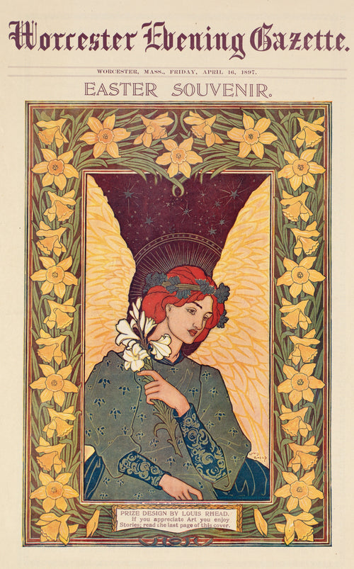 Worcester Evening Gazette, Easter Souvenir by Louis Rhead — A winged woman with white lilies stands in a frame of daffodils