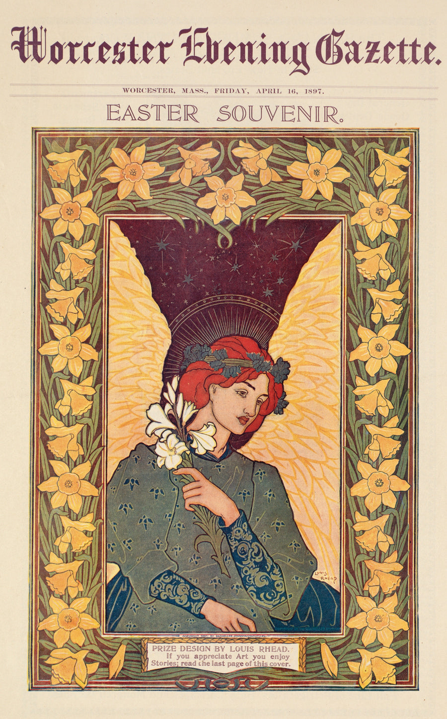 Louis Rhead — Worcester Evening Gazette, Easter Souvenir | Vintage Poster Print shown to scale on a wall above a sofa