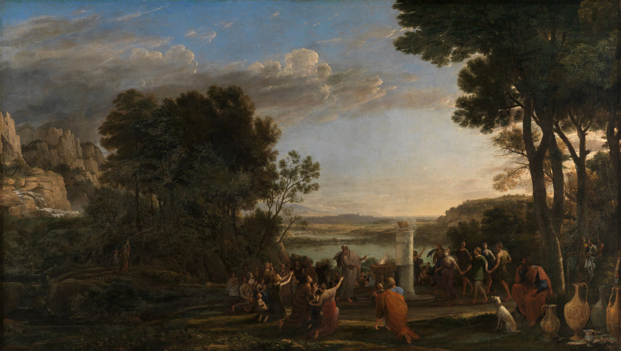 Claude Lorrain — Worship of the Golden Calf | Fine Art Print shown to scale on a wall above a sofa