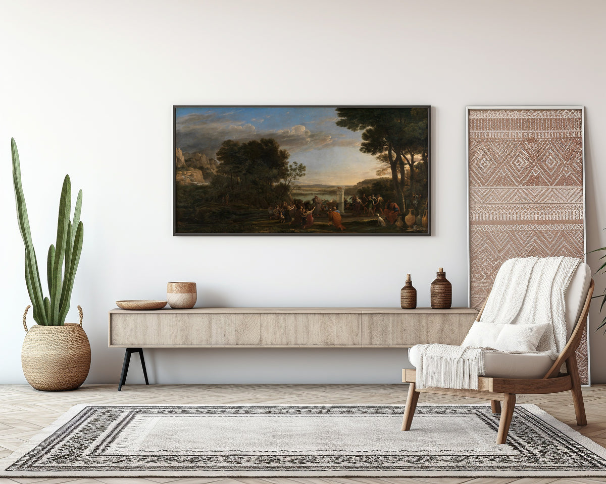 Framed art print of Worship of the Golden Calf by Claude Lorrain, above a sideboard in a living room