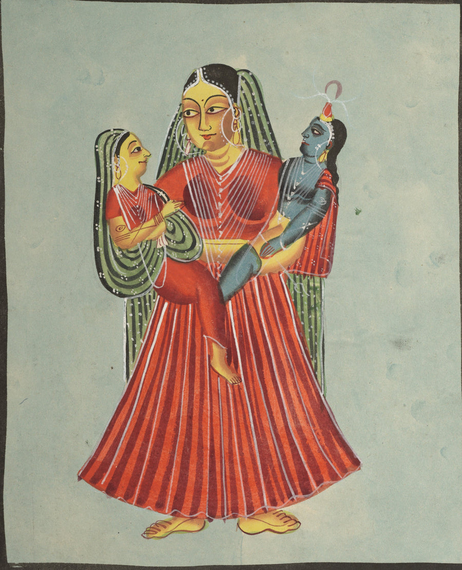 Kalighat painter — Yasoda Holding Krishna and Radha | Kalighat Painting Print shown to scale on a wall above a sofa
