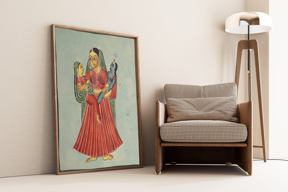Kalighat painter — Yasoda Holding Krishna and Radha | Kalighat Painting Print