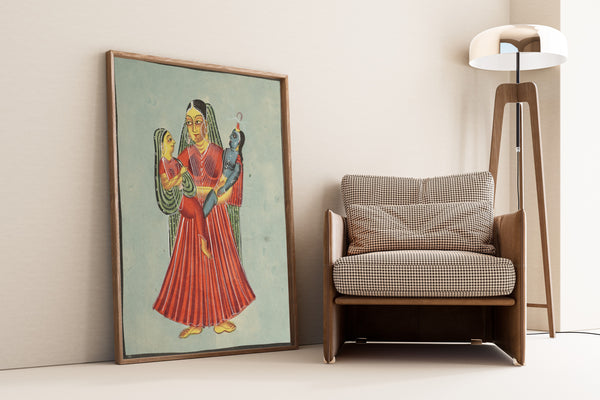 Kalighat painter — Yasoda Holding Krishna and Radha | Kalighat Painting Print