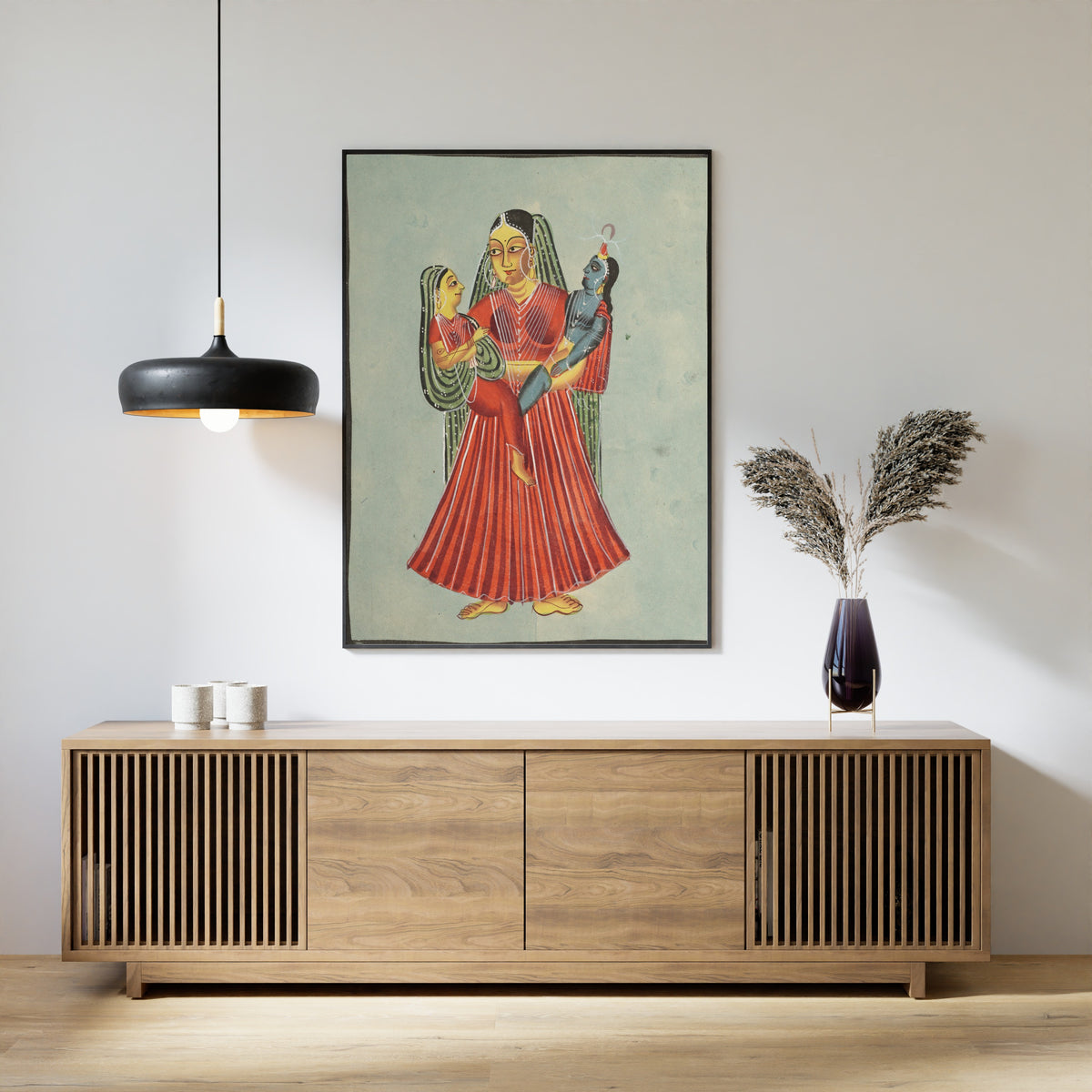 Kalighat painter — Yasoda Holding Krishna and Radha | Kalighat Painting Print