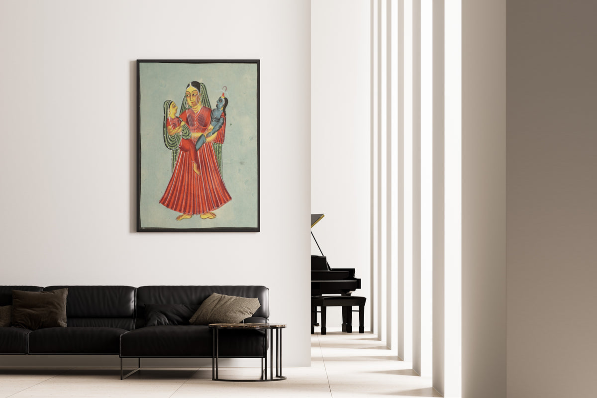 Kalighat painter — Yasoda Holding Krishna and Radha | Kalighat Painting Print
