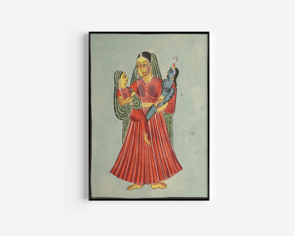 Kalighat painter — Yasoda Holding Krishna and Radha | Kalighat Painting Print