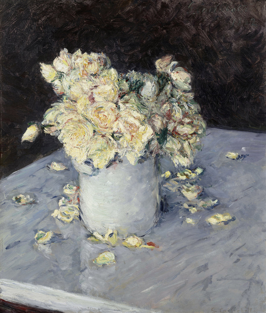 Gustave Caillebotte — Yellow Roses in a Vase | Fine Art Print shown to scale on a wall above a sofa