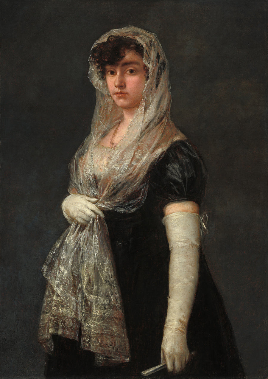 Francisco de Goya — Young Lady Wearing a Mantilla and Basquina | Fine Art Print shown to scale on a wall above a sofa