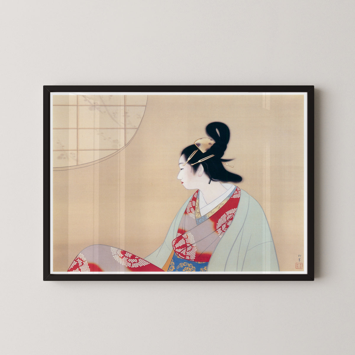 Young Lady by a Round Window by Uemura Shōen — shown framed on a wall