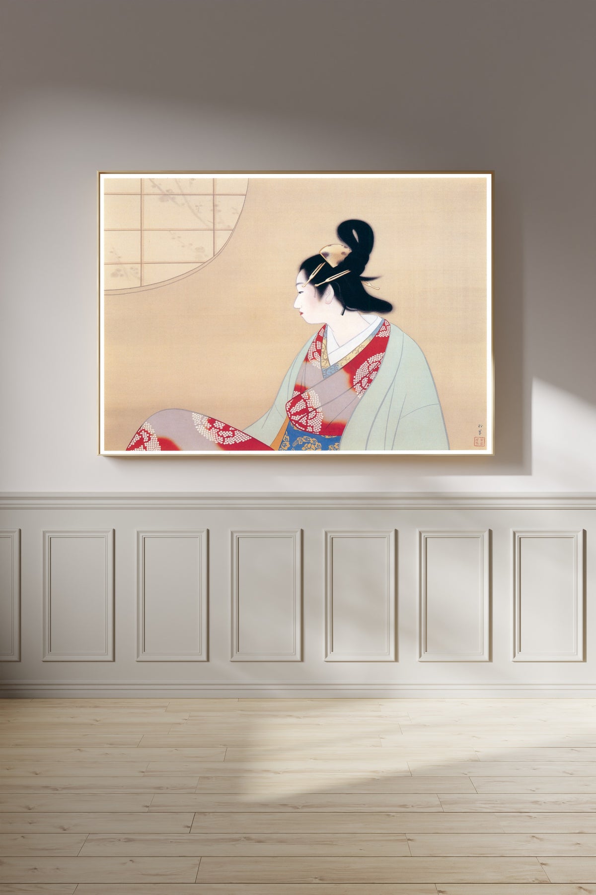Young Lady by a Round Window by Uemura Shōen — shown framed on a wall