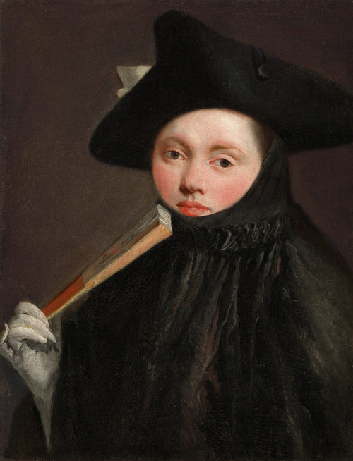 Young Lady in a Tricorn Hat by Giovanni Battista Tiepolo — A face in a black tricorn and hood, a fan at her shoulder