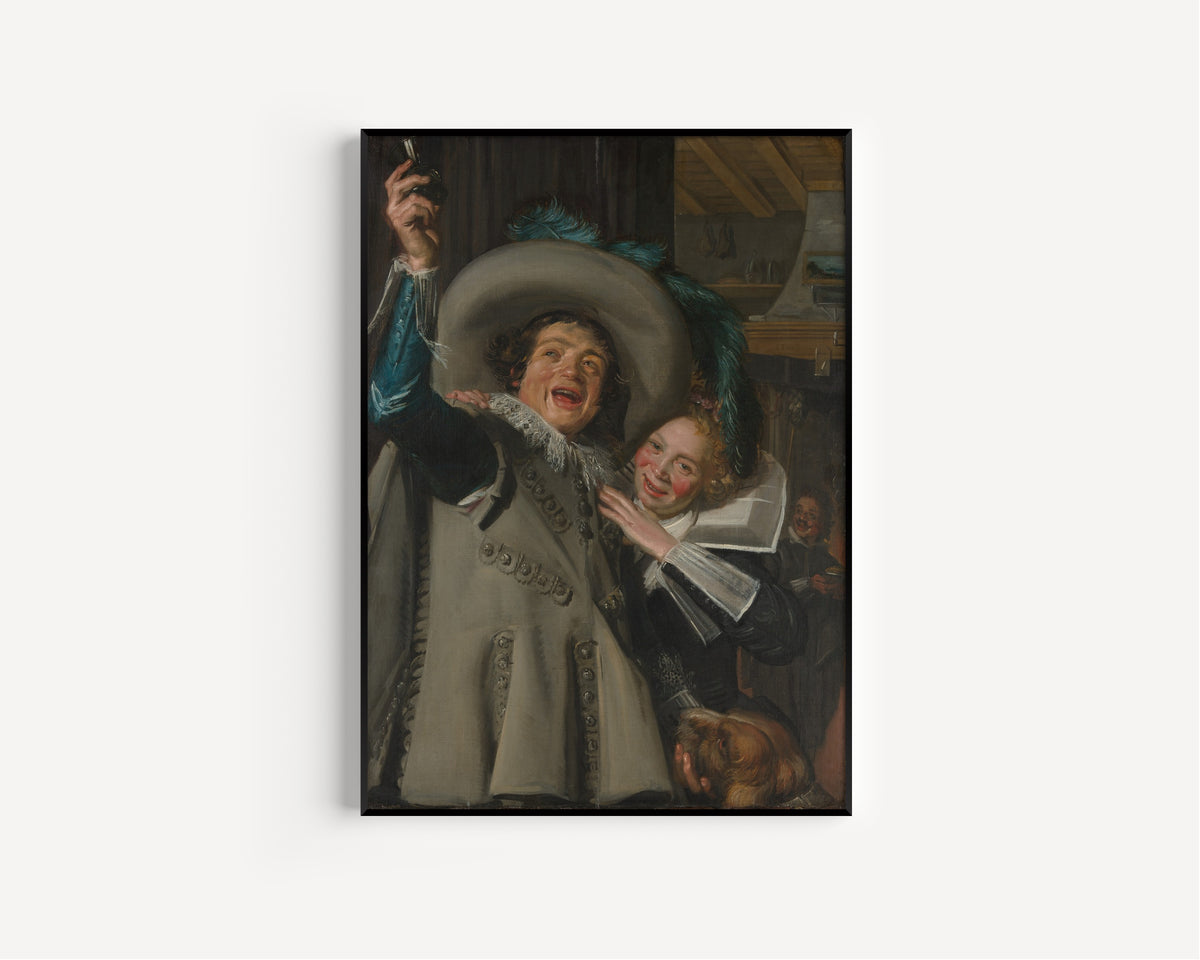 Framed art print of Young Man and Woman in an Inn by Frans Hals, in a slim black frame on a plain white wall
