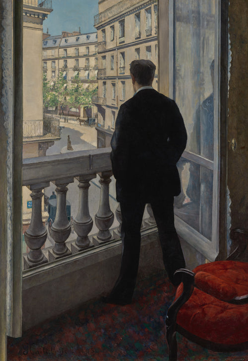 Young Man at His Window by Gustave Caillebotte — A man in a dark suit looks out over a sunlit city street