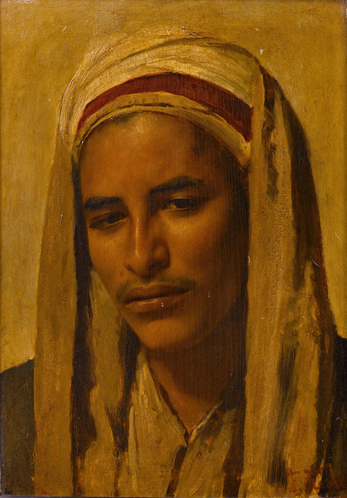 Young Man in a White Headscarf with a Red Band by Franz Xaver Kosler — A young man's gaze softens beneath a red-banded headscarf