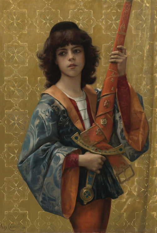 Young Page in Florentine Garb by Alexandre Cabanel — A young page in blue and orange holds a sword in a red scabbard