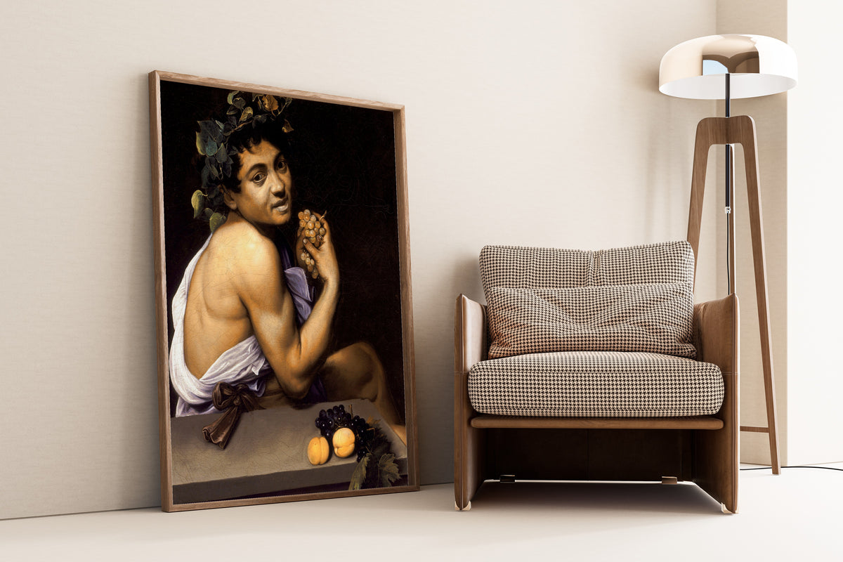 Framed art print of Young Sick Bacchus by Caravaggio, leaning against a wall beside an armchair and a floor lamp