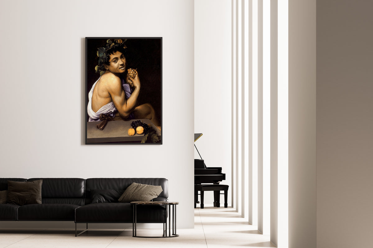 Framed art print of Young Sick Bacchus by Caravaggio, on the wall of a minimal living room