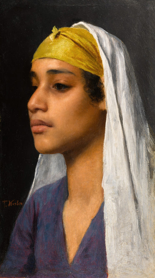Young Woman with a Yellow Headband by Franz Xaver Kosler — A profile portrait in a mustard headband and white veil