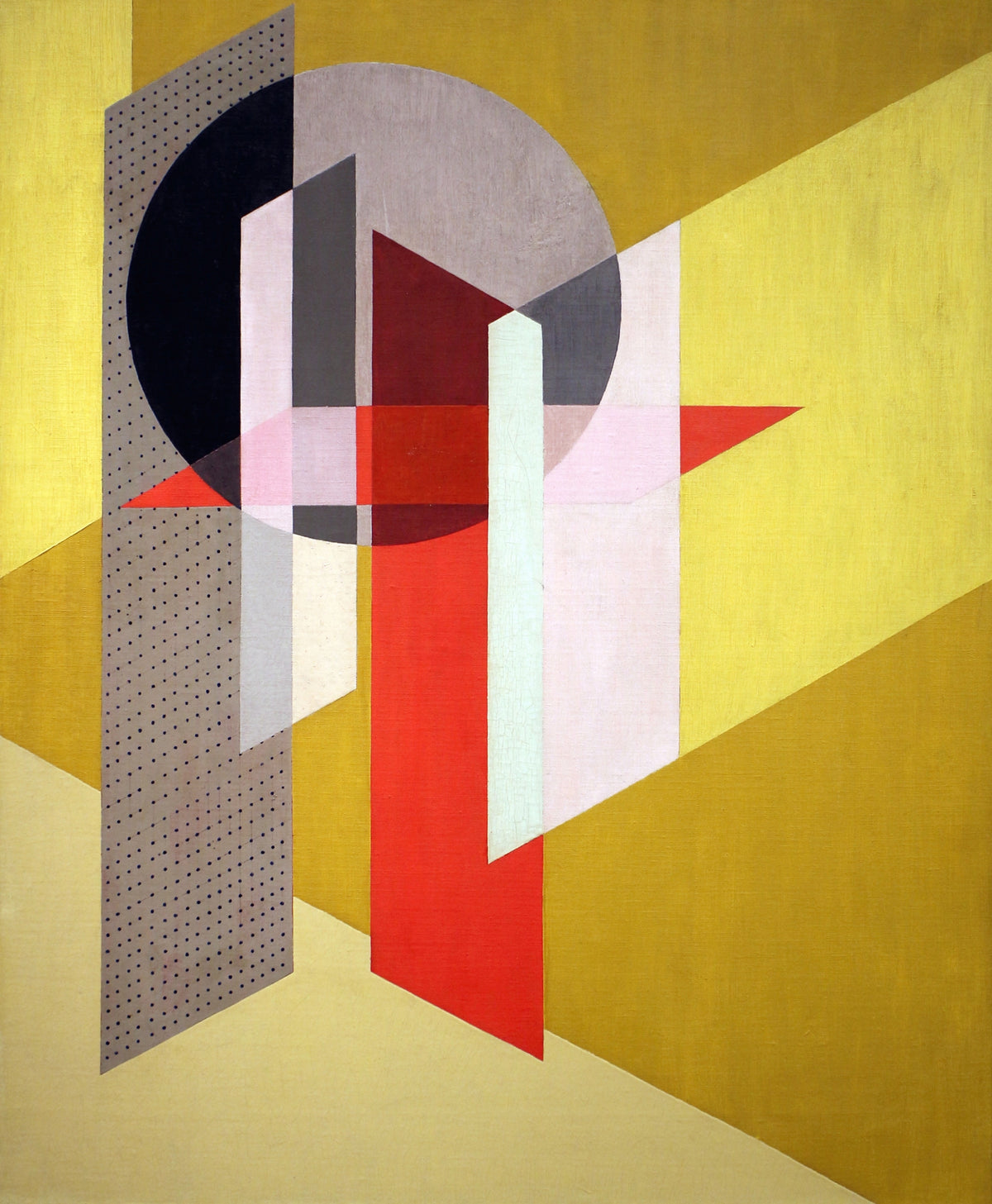 Z VII by László Moholy-Nagy — A grey disc and translucent bars overlap on a mustard and lemon field