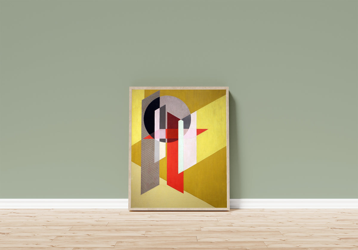 Framed art print of Z VII by László Moholy-Nagy, in a light wood frame leaning on a sage green wall above a wooden floor