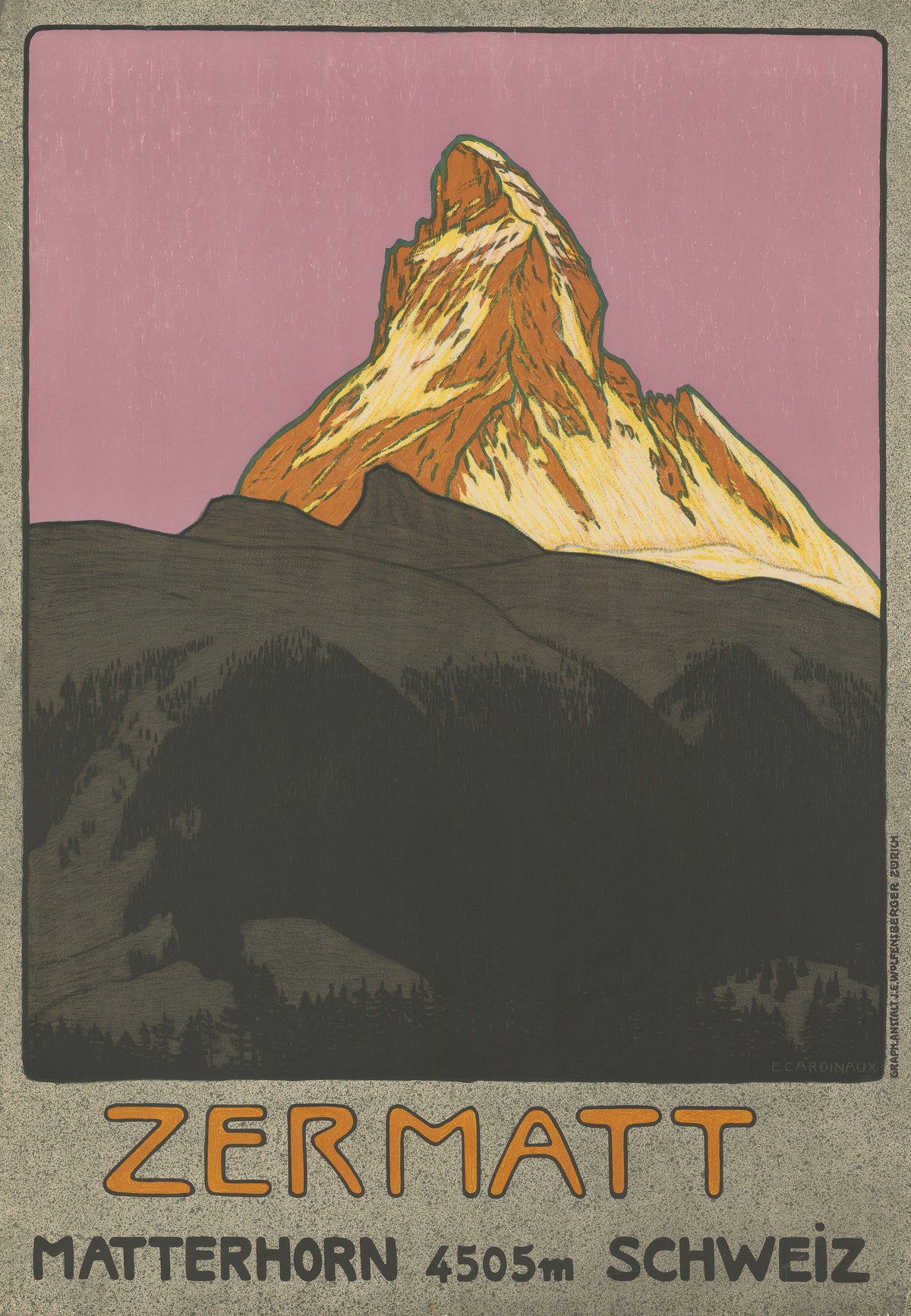 Zermatt: Matterhorn 4505 m, Schweiz by Emil Cardinaux — The Matterhorn glows orange and yellow against a mauve sky