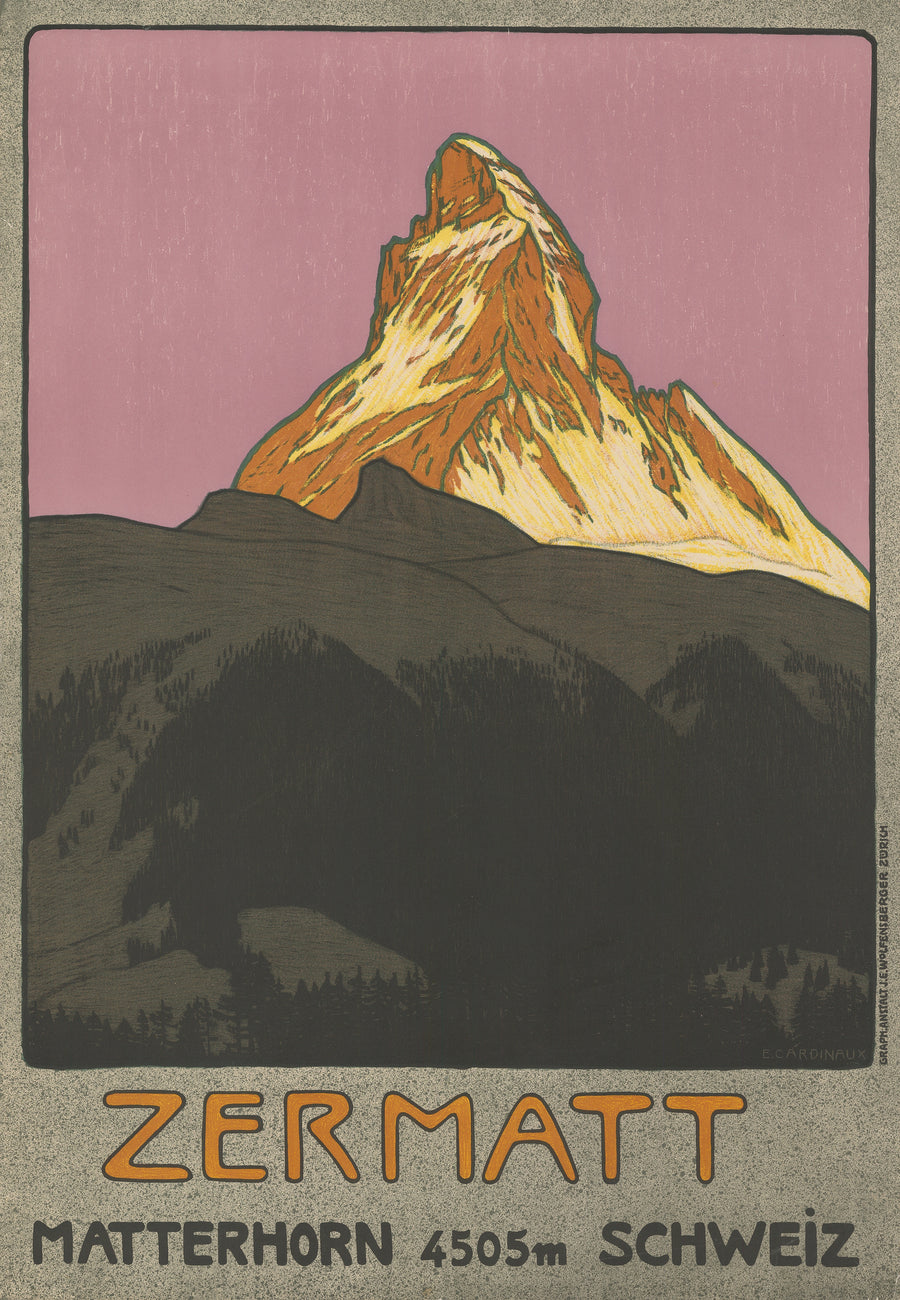 Emil Cardinaux — Zermatt: Matterhorn 4505 m, Schweiz | Vintage Poster Print shown to scale on a wall above a sofa