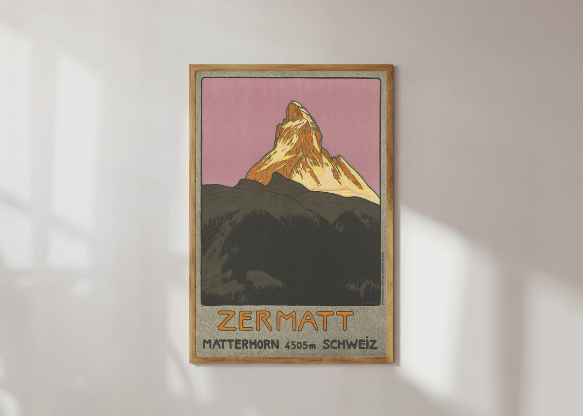 Framed art print of Zermatt: Matterhorn 4505 m, Schweiz by Emil Cardinaux, in a light wood frame on a sunlit white wall