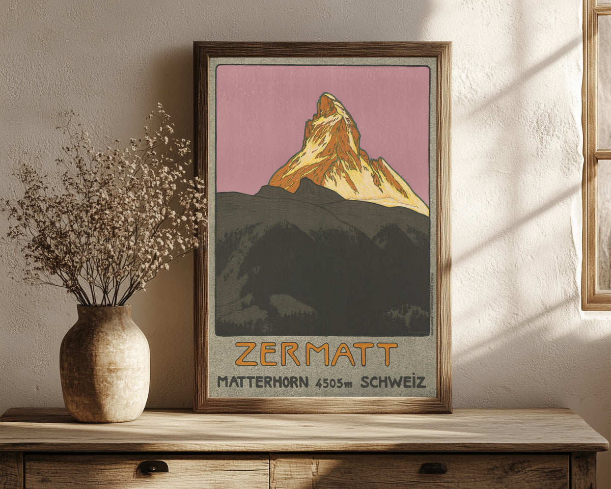 Framed art print of Zermatt: Matterhorn 4505 m, Schweiz by Emil Cardinaux, in a dark wood frame leaning on a rustic console beside dried flowers