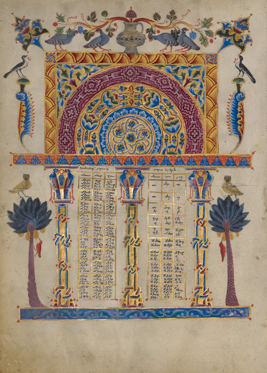 T'oros Roslin — Zeyt'un Gospels: Canon Table Page | Illuminated Manuscript Print shown to scale on a wall above a sofa