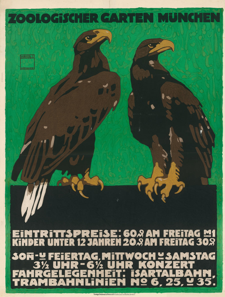 Ludwig Hohlwein — Zoologischer Garten München (Eagles) | Vintage Poster Print shown to scale on a wall above a sofa