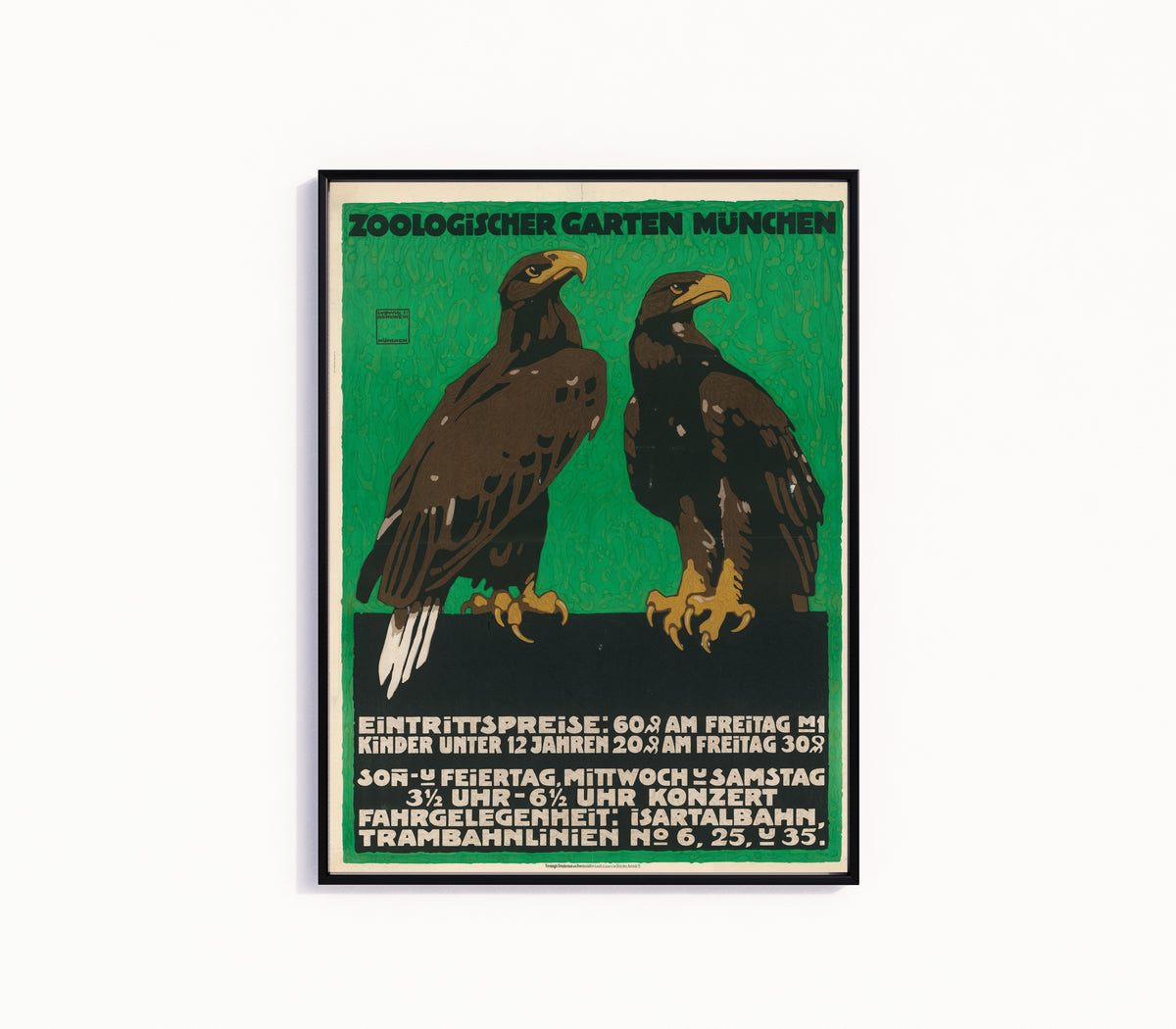 Framed art print of Zoologischer Garten München (Eagles) by Ludwig Hohlwein, in a slim black frame on a plain white wall