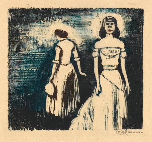 Zwei Frauen (Two Women) by Karl Wiener — Two pale women in long skirts against a dark teal and black ground